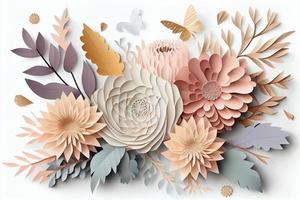 abstrakt skära papper blommor isolerat på vit, botanisk bakgrund, festlig blommig arrangemang. reste sig, tusensköna, dahlia, fjäril och löv i pastell Färg palett. enkel modern vägg dekor. generera ai foto