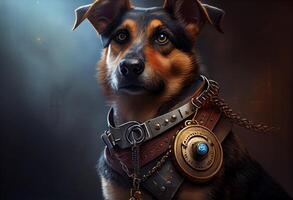 hund med en steampunk Kolla på snodd runt om hans nacke skyddande en säker. generera ai foto