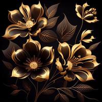 Foto gyllene blommor på svart bakgrund elegant blommig tapet. generera ai