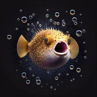 illustration av surrealistic blåsfisk med öppnad mun på svart bakgrund. generera ai foto