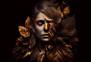 kvinna fastnar ut av svart och guld löv. generera ai foto