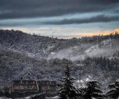 bergen täckt förbi snö beläggning de träd, under de vinter- av 2023 i Italien foto