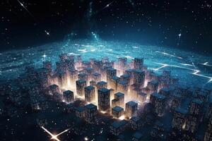 digital nätverk landskap i en upplyst natt stad, framtida värld generativ ai foto