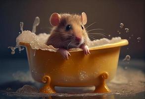 söt mus i badkar , husdjur rengöring. generera ai. foto