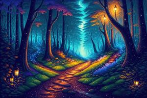 en målning av en väg ledande in i en skog på natt fantasi mystisk ai genererad foto