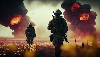 militär särskild krafter soldater går över förstörd krigszon genom brand och rök i en vår blomma fält. generera ai. foto