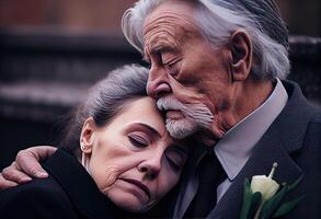 senior man stående med attraktiv kvinna innehav blommor på begravning. generera ai. foto