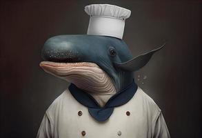 porträtt av ett antropomorf val i en restaurang kock kostym. generera ai. foto