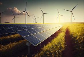 vind turbiner och sol- paneler bruka i en fält. förnybar grön energi. generera ai. foto