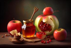 rosh hashana jewish Semester begrepp - äpplen, honung, granatäpple . generera ai. foto
