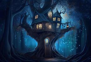 magisk fantasi fe- berättelse landskap av träd hus på natt i en skog. generera ai. foto