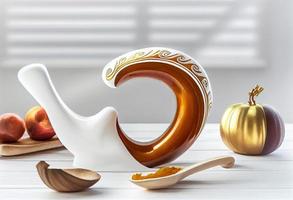 shofar och Övrig rosh hashanah Semester attribut på vit trä- tabell inomhus . generera ai. foto