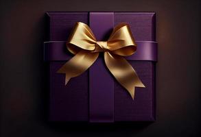 gåva låda mörk violett med guld band rosett på topp, mörk texturerad bakgrund. generera ai. foto