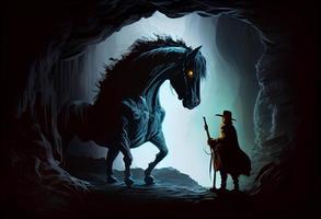 häst monster ser på liten hjälte med svärd i de grotta.. generera ai. foto