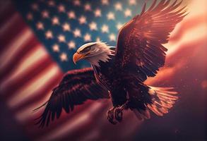 Örn med amerikan flagga flugor i de himmel med suddig bokeh och solljus effekt - oberoende dag . generera ai. foto