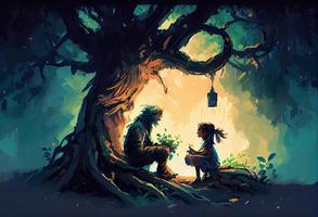 pojke och flicka spelar under stor träd. generera ai. foto