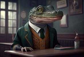 porträtt av ett antropomorf krokodil klädd som en skol i en klassrum. generera ai. foto