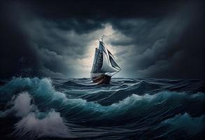 segelbåt mot en bakgrund av hav och storm. generera ai. foto