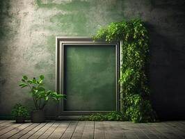 en grön vägg med blommor och växter Bakom en tom ram, i de stil av affisch, interiör scener, photobashing, miljömässigt inspirerad, hinchel eller, industriinspirerad, illustration generativ ai foto