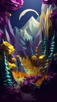papper skära konstverk för en landskap med bergen och de Sol, i de stil av gul och violett, realistisk än stiliserade, sfärisk skulpturer, värma Färg paletter. generativ ai foto
