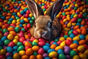 påsk kanin och färgrik påsk ägg bakgrund. digital målning. generativ ai foto