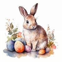 kanin Sammanträde Nästa till påsk ägg vattenfärg illustration ai genererad foto