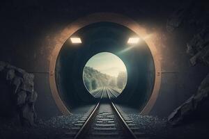 järnväg betong tunnel i de berg. ai genererad foto