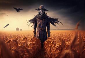 en fruktansvärd scarecrow vakter de vete fält. ai genererad foto