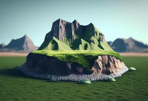 3d framställa av en fantasi landskap med bergen och en äng generativ ai foto