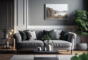 interiör av modern levande rum med soffa, kaffe tabell, bokhylla, 3d framställa generativ ai foto