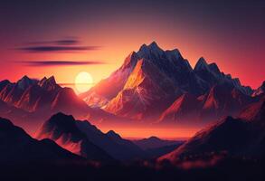 fantasi landskap med bergen på solnedgång. 3d framställa illustration. generativ ai foto