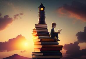 liten pojke Sammanträde på topp av en lugg av böcker. utbildning begrepp generativ ai foto