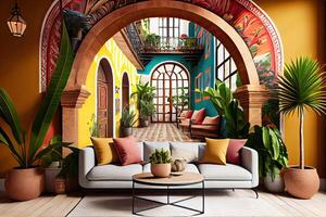 generativ ai illustration av de skönhet och rikedom av en traditionell mexikansk levande rum och uteplats, med ljus färger på de väggar, kaktusar, tropisk löv, lyktor, majestätisk valv, och trappa foto