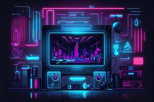 generativ ai illustration av gaming bakgrund, abstrakt cyberpunk stil av gamer tapet, neon glöd ljus av scifi fluorescerande pinnar. digitalt genererad bild foto