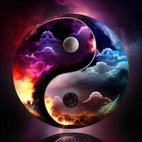 generativ ai illustration av en mytisk yin yang magi design tillverkad från karneval glas, fantasi himmel bakgrund, mästare av de mörker, fantasi episk atmosfär foto