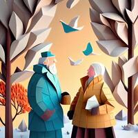 generativ ai illustration av origami vinter- bakgrund, glad äldre, färgrik. papper skära hantverk, 3d papper illustration stil. neuralt nätverk genererad konst. foto