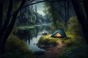 generativ ai illustration av camping i natur i de skog på de banker av de flod foto