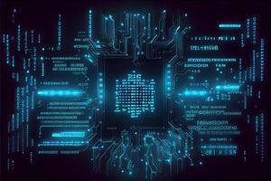 generativ ai illustration av teknologi bakgrund med abstrakt digital koda rörelse cyberrymden. abstrakt hög - tech neon bakgrund för kommunikation begrepp med digital strömma foto