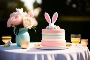 påsk kaka dekorerad med blommor och kanin öron på en vit tabell foto