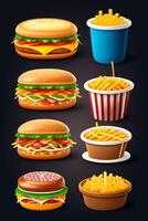 snabb mat ikon uppsättning. hamburgare, ostburgare, varmkorv, franska pommes frites, hamburgare, pizza, lök ringar, tomat, lök ringar, lök ringar. realistisk vektor illustration foto