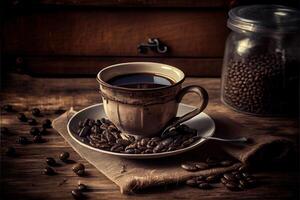 generativ ai illustration av kopp av kaffe och kaffe bönor på gammal trä- tabell och de plantager te kulle bakgrund foto
