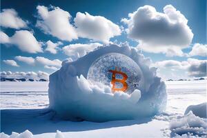 generativ ai illustration av frysta bitcoin, kall och snö. bit mynt symbol i is och snö foto