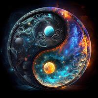 generativ ai illustration av en mytisk yin yang magi design tillverkad från karneval glas, fantasi himmel bakgrund, mästare av de mörker, fantasi episk atmosfär foto