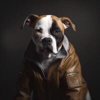en hund i en läder jacka ai generativ foto