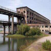 industriell byggnad med en bro ai generativ foto