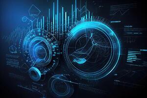 generativ ai illustration av finansiell diagram, futuristisk, silhuett crypto valuta marknadsföra, isometrisk, blå bakgrund foto