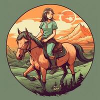 en flicka ridning på en häst, tecknad serie illustration med generativ ai foto