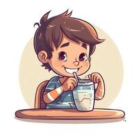 ung pojke dricka mjölk, tecknad serie illustration med generativ ai foto