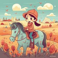 en flicka ridning på en häst, tecknad serie illustration med generativ ai foto
