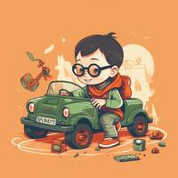 pojke spelar med leksak bil, tecknad serie illustration med generativ ai foto